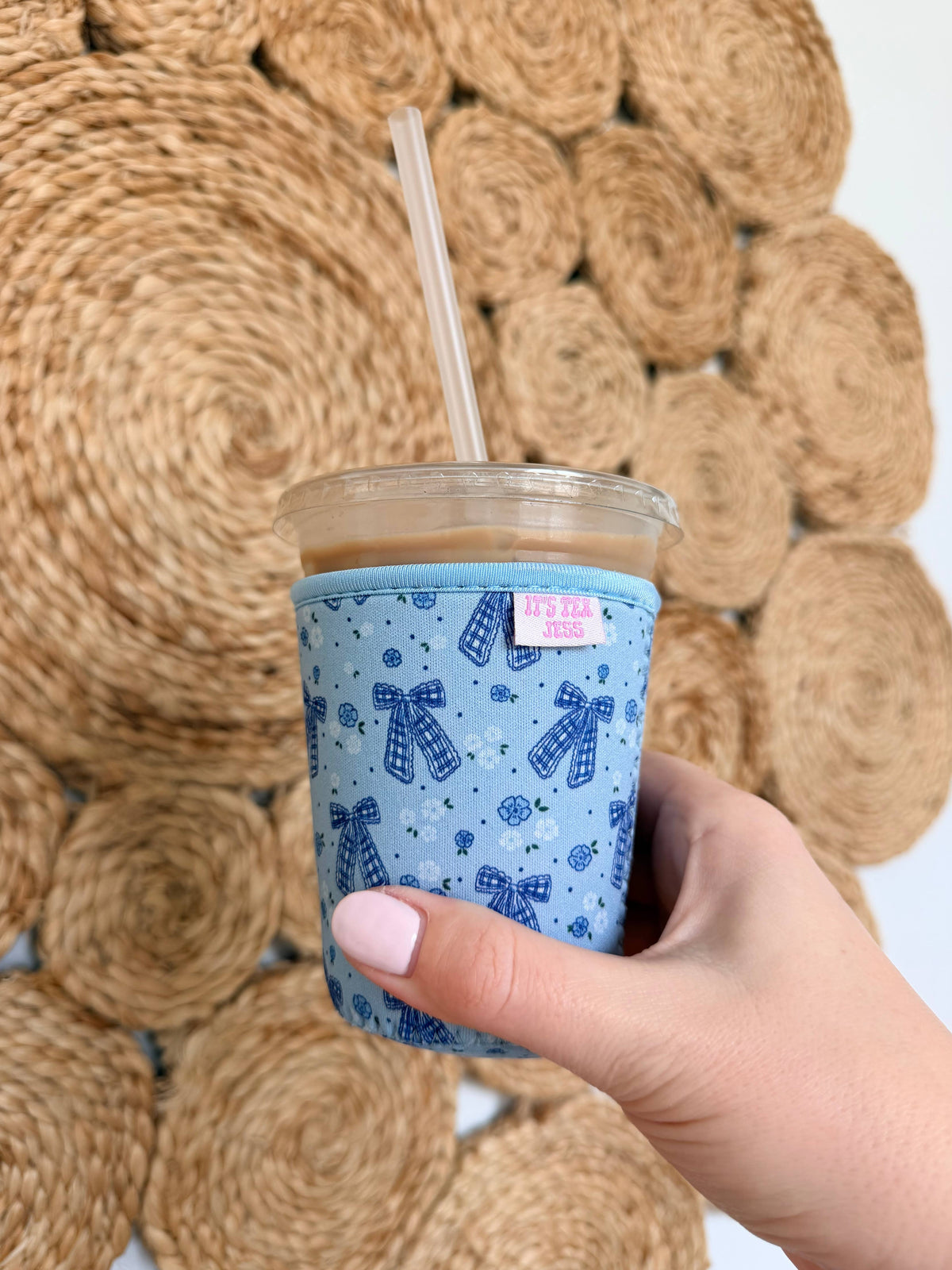 #1125  Iced Coffee Sleeve - Blue Gingham Bows