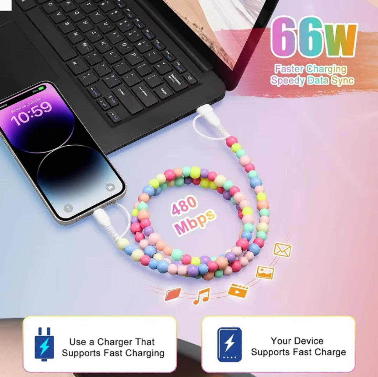 New Colorful 4-in-1 Beaded  Fast Charging Cable