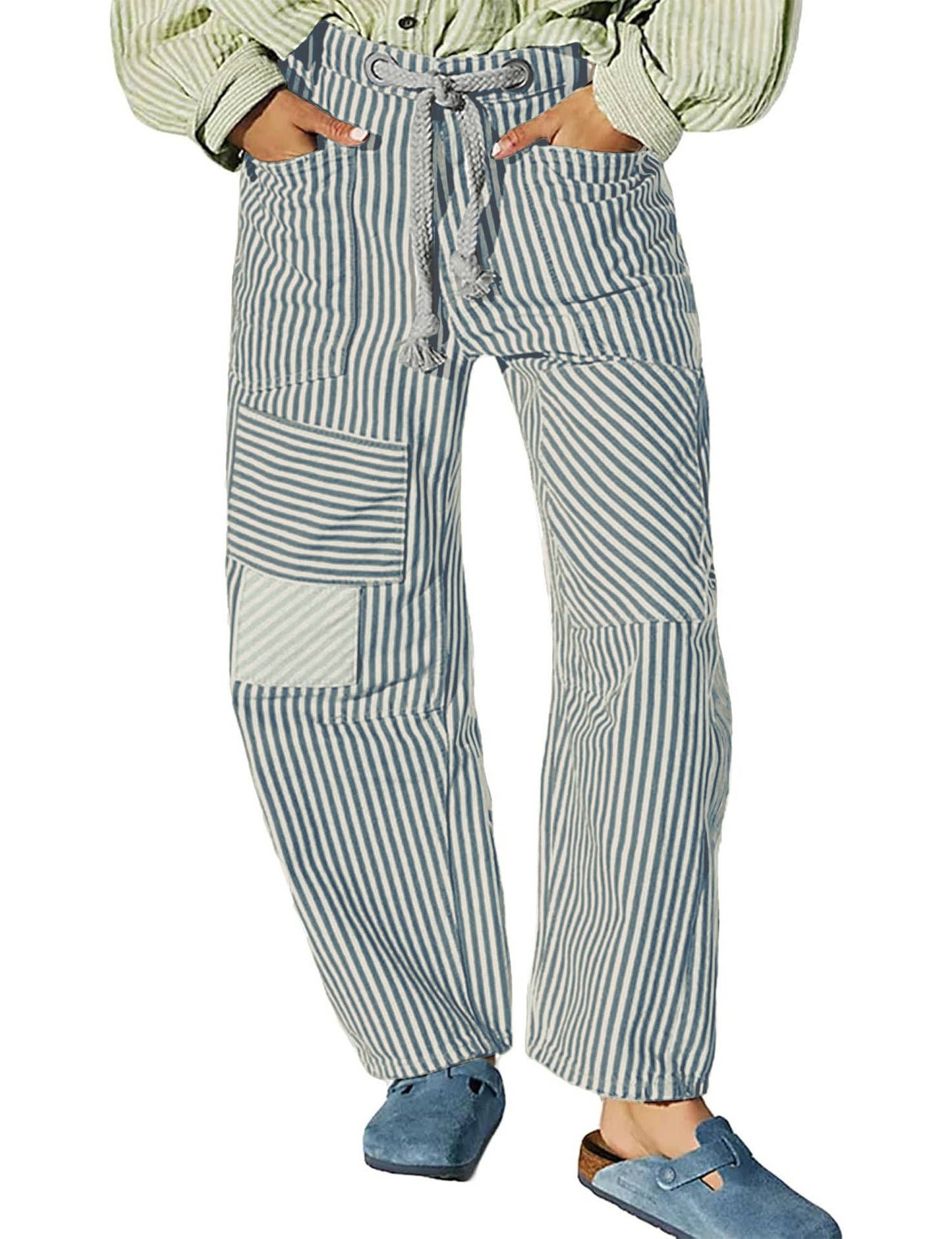 #1069 Trendy Wide-Leg Striped Patchwork Jeans