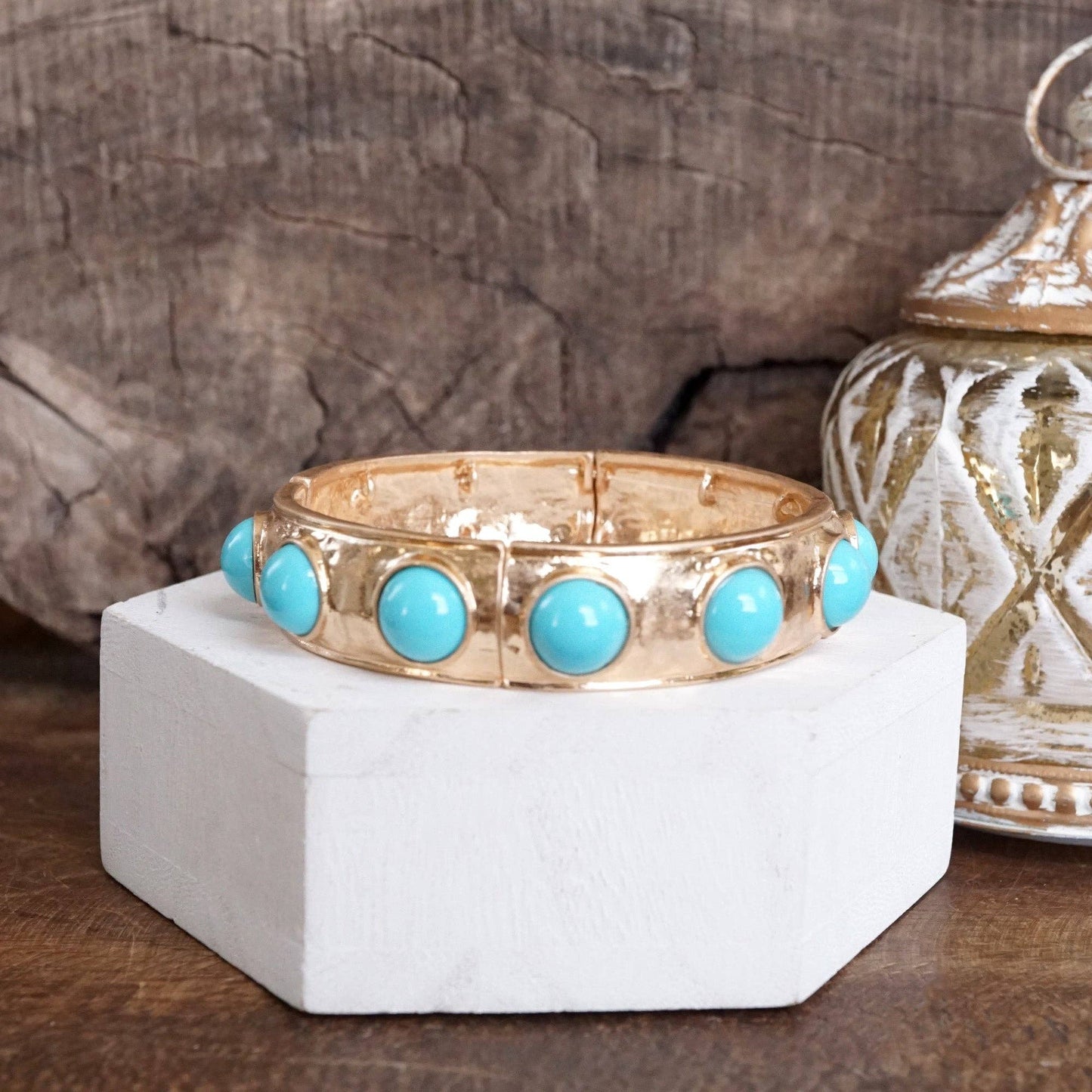 #409 Eternity Statement Bangle Gold Tone Turquoise