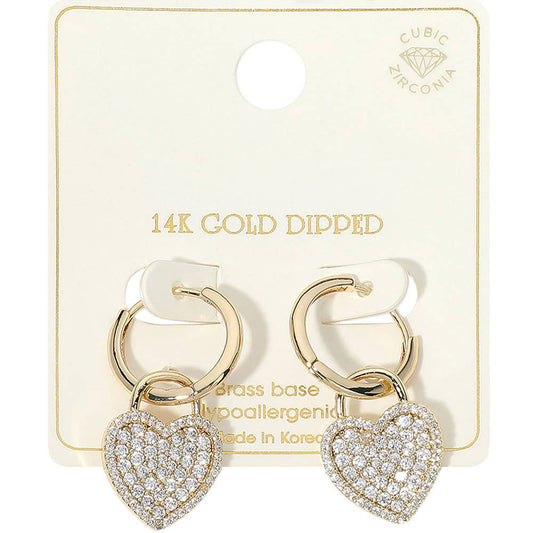 #468 14K Gold Dipped CZ Stone Paved Heart Drop Huggie Earrings